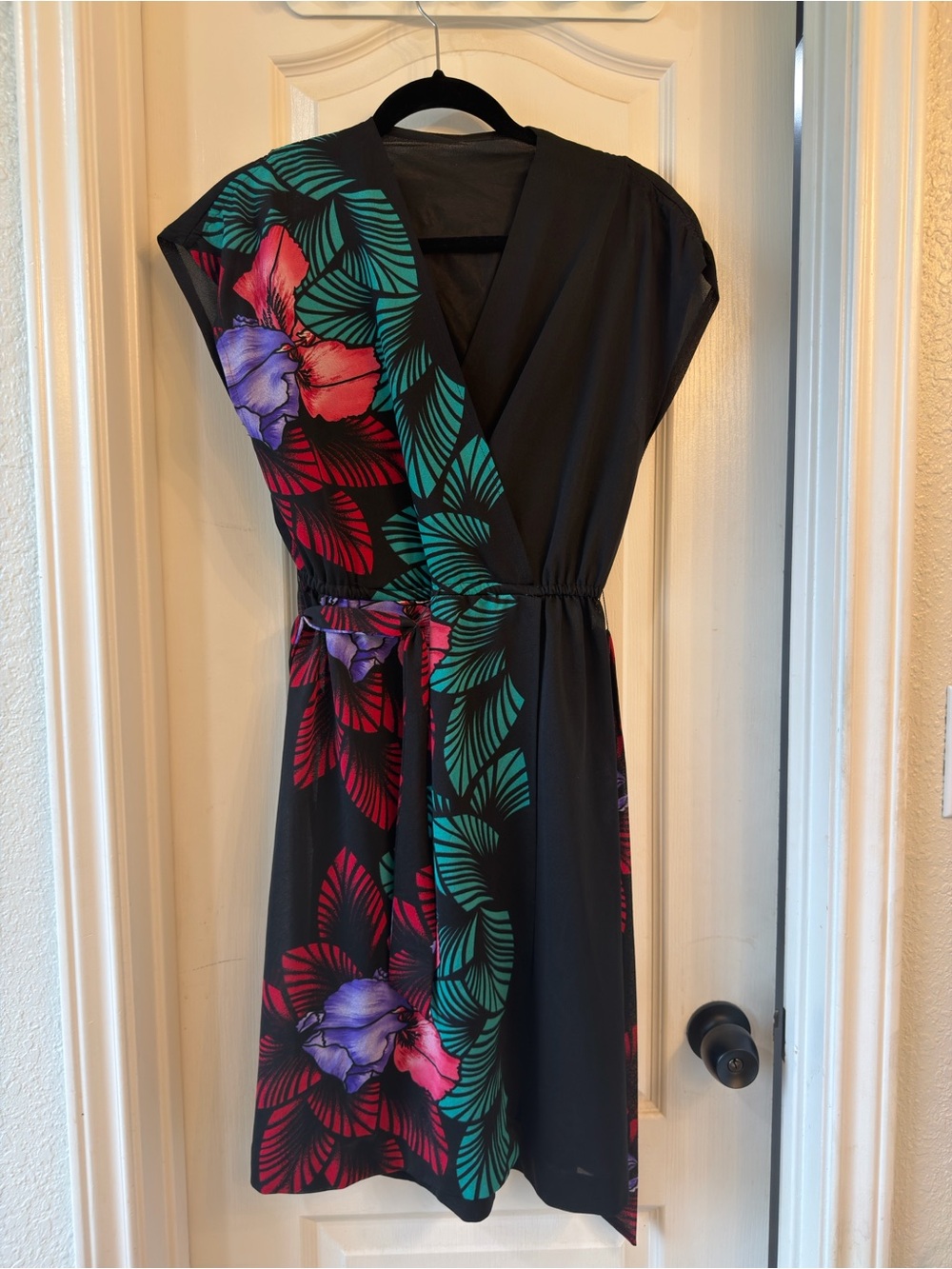 Vintage Black Floral Wrap Dress with Teal & Red Accents